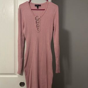 Pink Ribbed Long Sleeve Dress